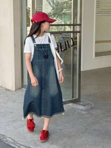 DAZY Tween Girls Denim Pinafore Dress - Blue - View 3