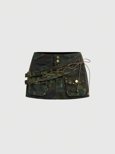 Grunge Punk Minifalda de mezclilla con bolsillo en estilo sexy camuflaje Y2K