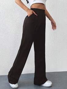 EURMUSE Solid Color Elastic Waist Wide Leg Sweatpants - Dark Grey - View 5