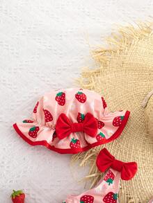 SHEIN Buy One Get One Free, Including A Hat. Cute Baby Girl Casual, Simple, And Adorable Patterned Tank Top Swimsuit, Perfect For Outings, Vacations, And Spring/Summer. - Red - View 3