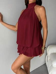 SHEIN Tall 女士优雅浅黄色吊带系带迷你连衣裙，适合派对、约会、秋冬季、春夏季穿着 - 酒紅色 - 查看 4