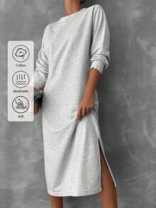 EURMUSE Cotton Solid Split Thigh Sweatshirt Dress
