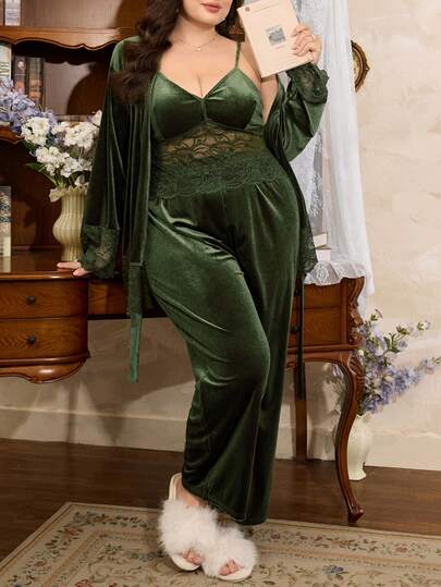 Côtesoire 3pcs Plus Size Elegant Romantic Lace & Velvet Camisole Robe And Pants Sleepwear Set, Olive Green