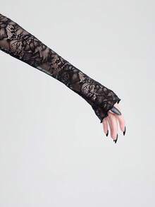 Breakform Gothic Style Sexy Semi-Sheer Lace Mock Neck Long Sleeve Fitted Cropped T-Shirt - Black - View 3