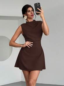 Firerie Women's Elegant Minimalist Delicate Romantic Sweet Daily Commute Wedding Party Music Festival Vacation Pleated A-Line Mini Dress, Red Camisole Chocolate Brown Dress - Coffee Brown - View 1