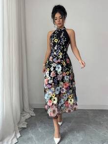 Elenzga Đầm dài nữ thanh lịch mới với họa tiết hoa 3D, phối lưới, họa tiết hoa hồng, thích hợp cho tiệc tùng, ngày Valentine, hẹn hò, họp mặt, lễ hội, năm mới, đám cưới, phù dâu, mùa xuân/hè. - Nhiều màu - Xem 6