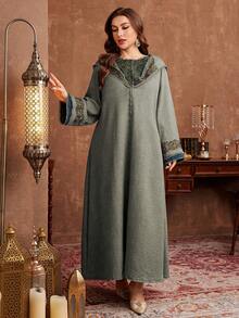 Al Najma Váy dài tay rộng rãi thêu màu tương phản có mũ trùm đầu dành cho phụ nữ ngoại cỡ, mùa xuân/thu - Nhiều màu - Xem 3