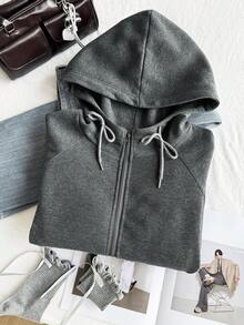 SHEIN EZwear 大码女式纯色休闲连帽拉链长袖修身卫衣，秋冬季女式连帽上衣卫衣灰色外套拉链卫衣 - 深灰色 - 查看 4