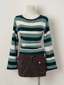 EgrlEra Damski sweter w paski z szerokimi rękawami i kolorowymi blokami kolorów, jesień/zima - Ciemnozielony - Zobacz 3