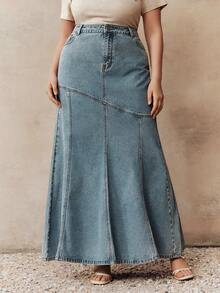 Anewsta 女士春季新款时尚拼接牛仔美人鱼裙 - 藍色 - 查看 6