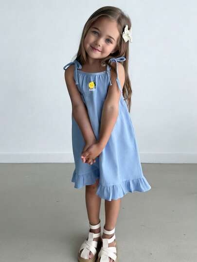 SHEIN Young Girl Casual Denim Effect Strap Midi Dress, Suitable For Summer