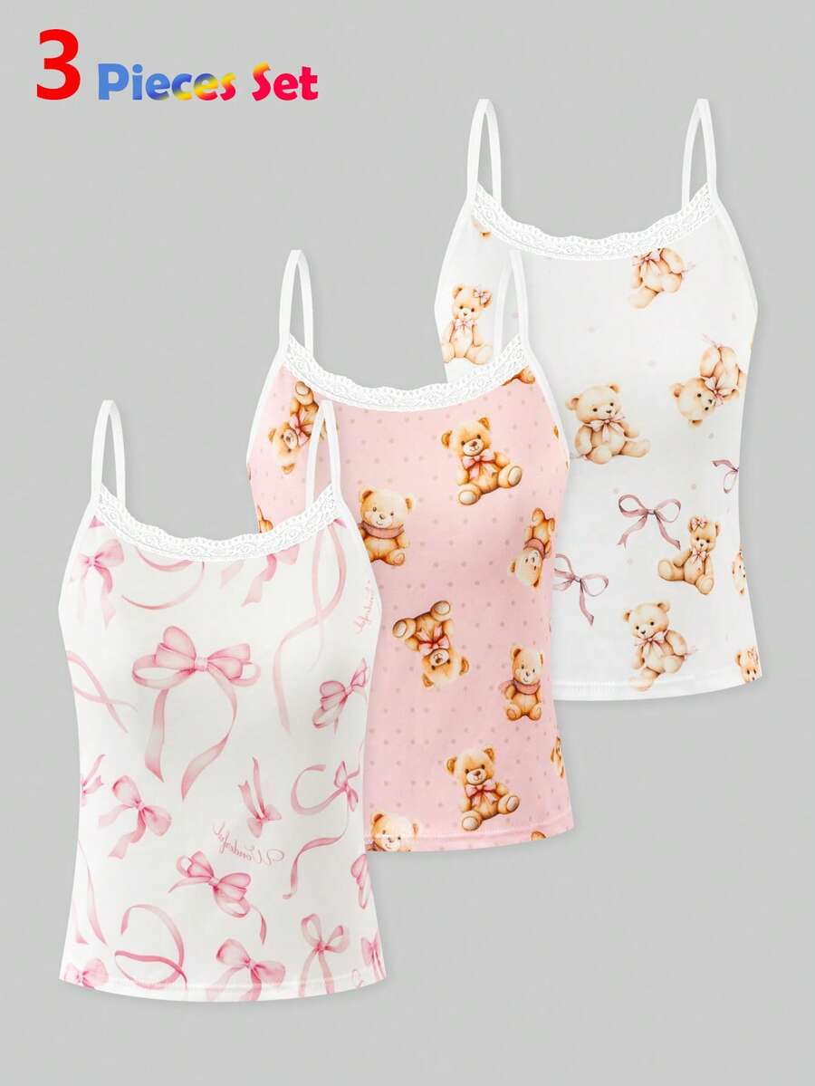 3pcs Girls Cute Bear Print Bow Lace Collar Camisole Tops, Comfortable Casual Everyday Wear - Multicolor - View 1