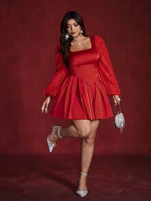 Viva Relle Plus Size Elegant Contrast Lace Square Collar Waist Cinched Dress, Autumn