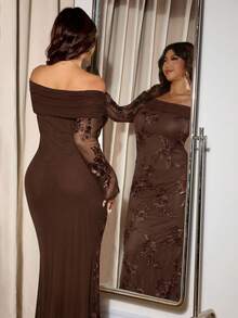 Elaquor Vestido de fiesta elegante con hombros descubiertos y bordado floral para tallas grandes - Café integral - Ver 4