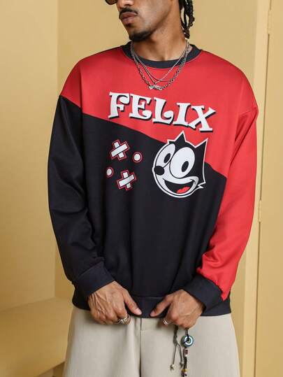 Felix The Cat X SHEIN Sudadera casual de cuello redondo para hombre con contraste de color, letra y gráfico de dibujos animados, otoño