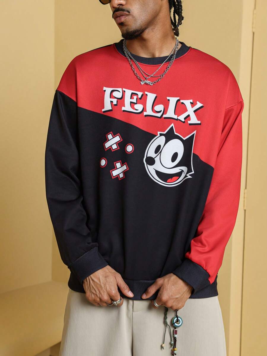 SHEIN Felix The Cat بلوزة رجالية كاجوال بياقة طاقم بطبعات حرفية وكرتونية ملونة، موسم الخريف - الأسود - مشاهدة 1