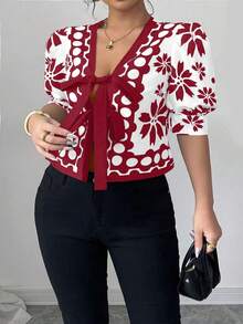 Elenzga Plus Size Bowknot Colorblock Short Sleeve Shirt With Digital Print, Unique Design, Vacation Style - Red and White - View 1