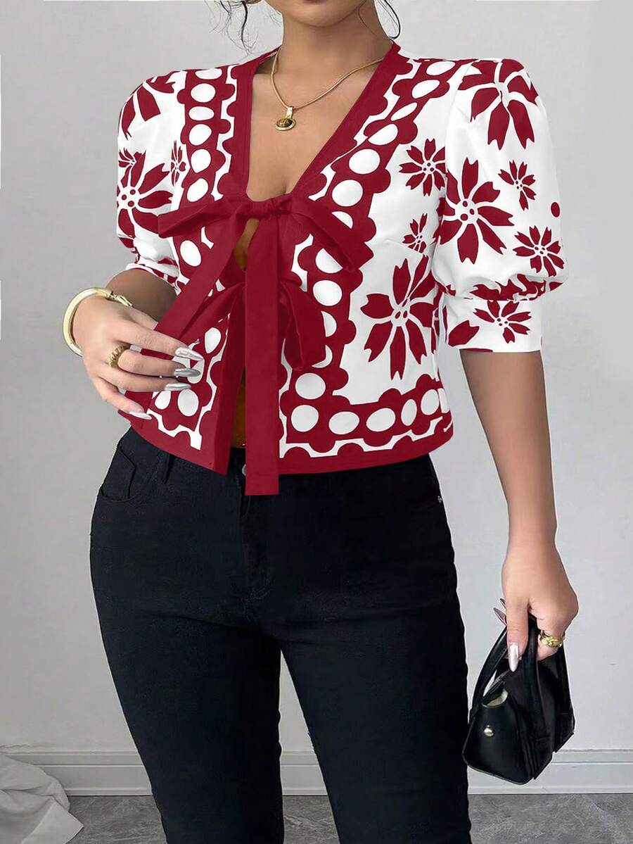 Elenzga Plus Size Bowknot Colorblock Short Sleeve Shirt With Digital Print, Unique Design, Vacation Style - Red and White - View 1