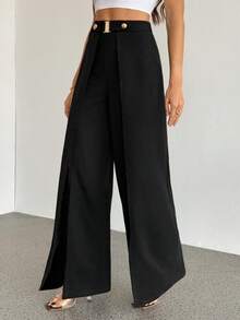 SHEIN Tall Fashionable Commuter High-Waisted Slit Wide-Leg Pants In Black - Brown - View 4