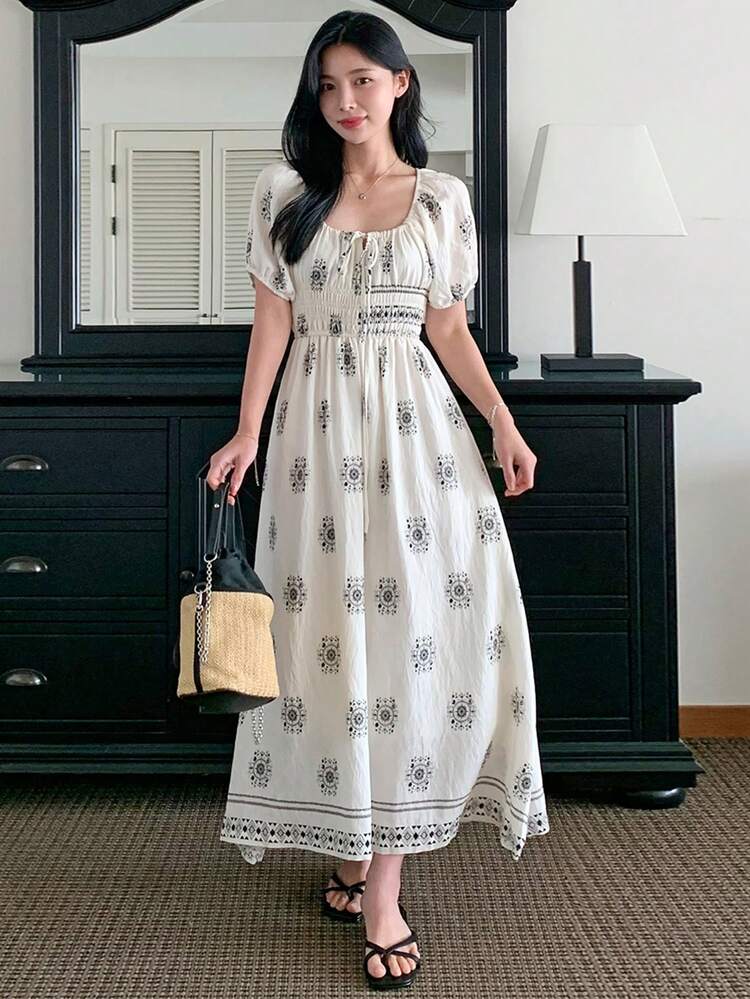 Women's Off-Shoulder Loose Waist Full Print Midi Dress, Boho Style Summer Sundress Floral Dresses For Women