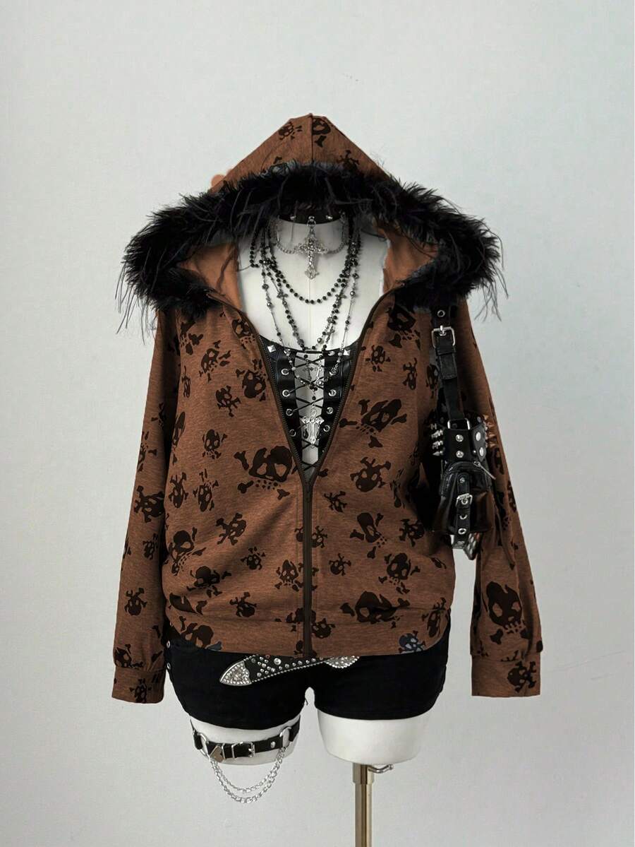 Sunspun 暗黑复古朋克原宿风骷髅印花女式卫衣，初秋 - 咖啡棕 - 查看 1