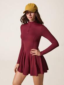 Core Rhythm 女士户外运动长袖半拉链高领A字连衣裙，女士运动短裤带手机口袋 - 酒紅色 - 查看 1