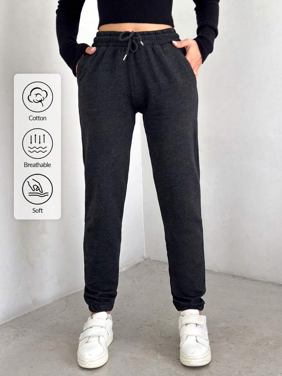 EURMUSE Solid Drawstring Waist Slant Pocket Sweatpants - Dark Grey - View 1