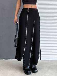 EURMUSE Zipper Closure Split Asymmetrical Hem Skirt - Black - View 5