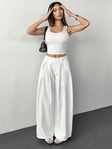 SHEIN PETITE 女士夏季复古休闲街头风外出宽松军绿色弧形裤脚长裤白色阔腿裤 - 白色 - 查看 8