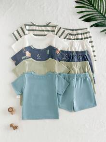 SHEIN Vintaside Kids 10件/5套男婴套装，包括5件针织短袖圆领上衣和5条弹力腰针织短裤。上衣颜色有卡其色、灰蓝色、军绿色、棕色和黑色，短裤颜色与之相配。适合春夏季节户外休闲穿着，尺码为6个月至2-3岁。 - 彩色 - 查看 3