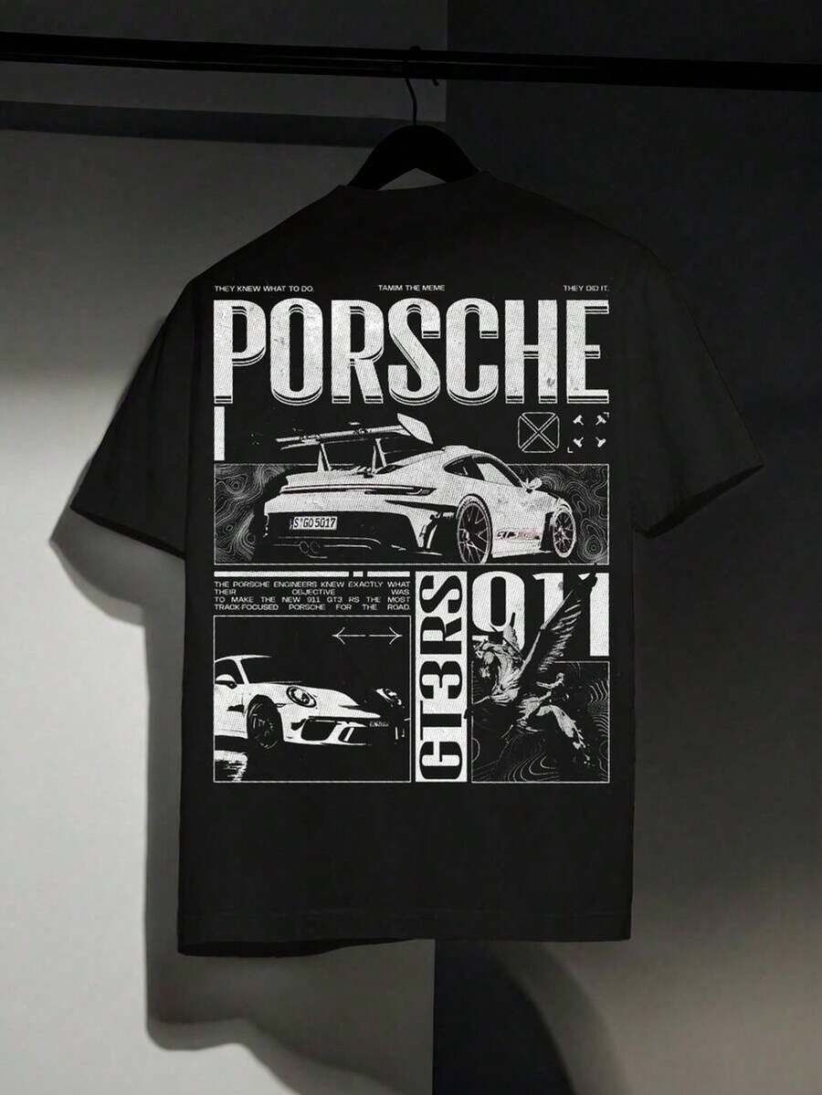 ‌Camiseta corta holgada para hombre de una pieza, informal y versátil con divertido estampado de coche de carreras, ideal para vacaciones, trabajo y uso diario - Negro - Ver 1