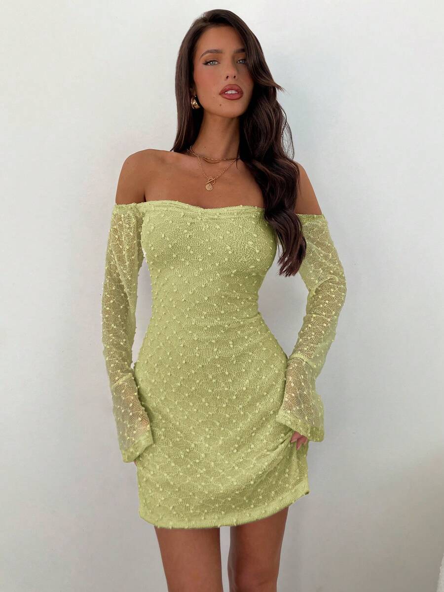 Aloruh Women's Minimalist Solid Color Textured Fabric Off Shoulder Ruffle Sleeve Fitted Mini Dress, Suitable For Spring, Summer, Autumn - Green - View 1