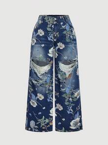 SHEIN MOD 大码女式时尚做旧印花牛仔裤 - 深色水洗藍 - 查看 5