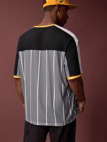 SHEIN Kung Fu Panda Men's Summer Casual Contrast Striped Panda Print Short Sleeve T-Shirt - Grey - View 2
