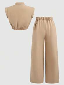 SHEIN 少女春夏休闲上学/通勤立领纽扣短款宽肩褶裥腰衬衫上衣及配套褶裥阔腿直筒裤纯色梭织工装时尚街头风套装，卡其色 - 卡其色 - 查看 3