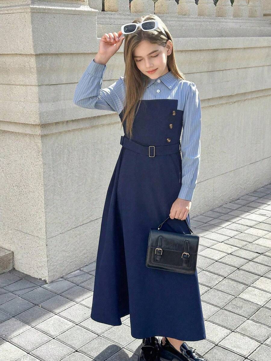 SHEIN 青少年女孩优雅长袖衬衫领连衣裙，二合一设计，非常适合春季、秋季和冬季休闲通勤穿着 - 彩色 - 查看 1