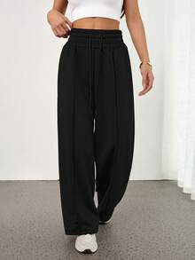 SHEIN PETITE Solid Drawstring Waist Sweatpants Graduation,Back To School Outfits,Graduation,Teacher Outfits For Women,Back To School - Black - View 3