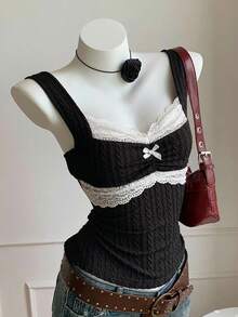 Comfortcana Áo tank top không tay phối ren tương phản màu sắc dành cho nữ - màu đen - Xem 7