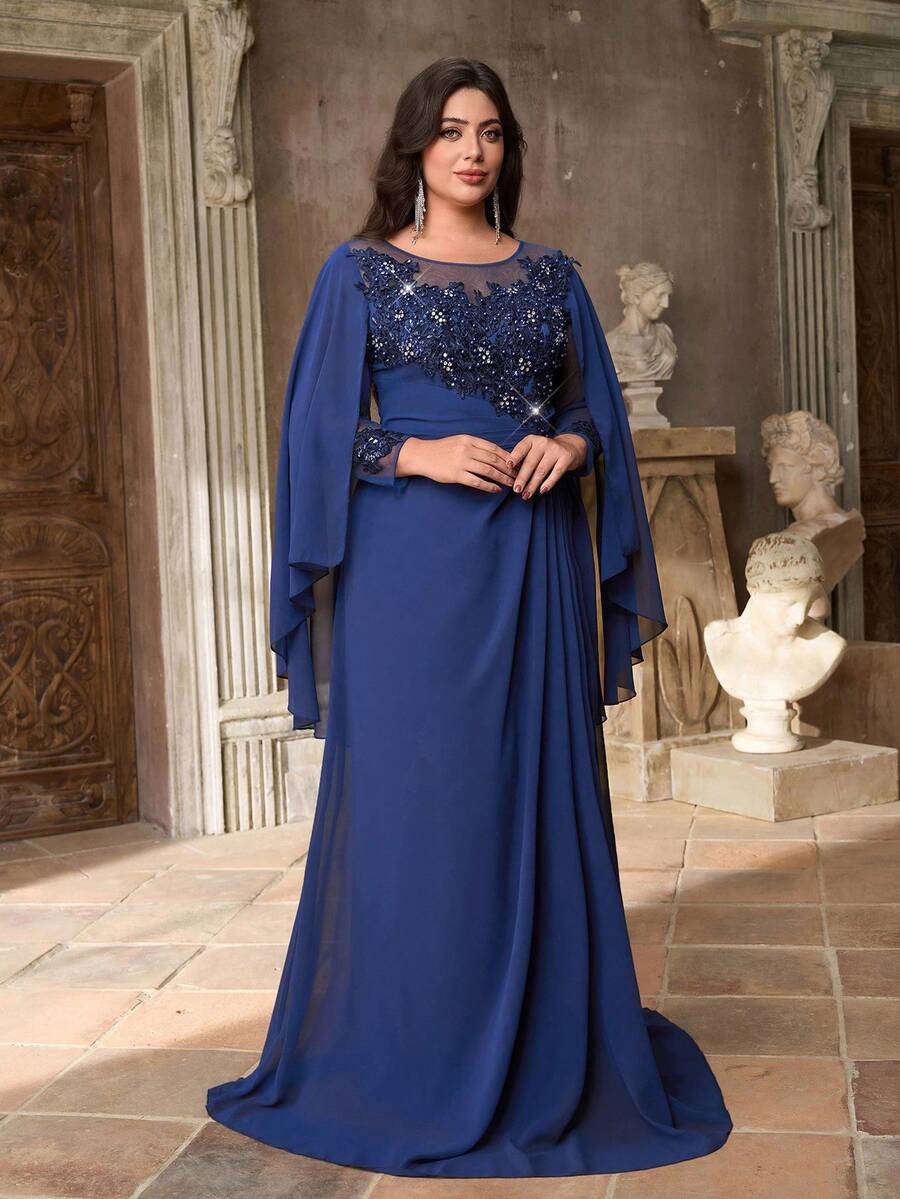 Aureia 大码优雅奢华藏蓝色亮片刺绣雪纺圆领喇叭袖连衣裙，适合晚宴、约会、舞会、度假、婚礼、情人节等场合。