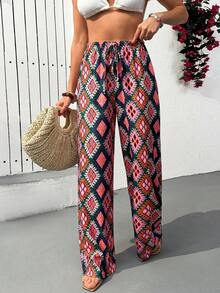 EURMUSE Women Printed Detailed Drawstring Wide Leg Pants - Multicolor - View 4