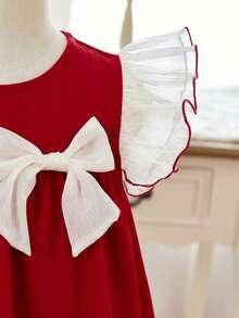 SHEIN Tween Girl Color Block Bow Accent Flutter Sleeve A-Line Dress, Round Neck Flutter Sleeve Dress - Red - View 4