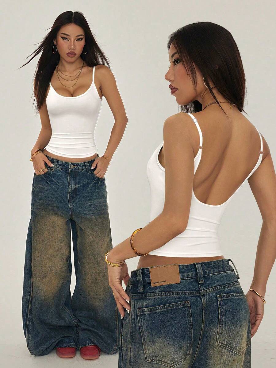 SHEIN EZwear Plus Size Solid Color Ruffle Hem U-Neck Backless Casual Versatile Camisole, Spring/Summer - White - View 1