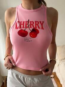 SHEIN EZwear 粉色樱桃图案短款休闲简约圆领修身背心，适合夏季穿着 - 粉色 - 查看 3