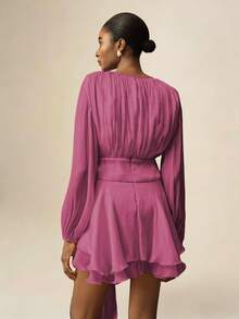 Vesra 杏色系带长袖荷叶边下摆设计女式短款连衣裙 - 中紫紅色 - 查看 2