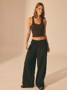 Aralina Women's Low Rise Elastic Waistband Broderie Anglaise Wide Leg Pants Beach Pants Summer Holiday Vacation Pants Comfy Pants Black Pants - Black - View 7