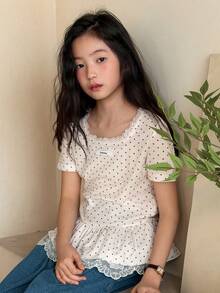 DAZY 少女波点短袖T恤 - 白色 - 查看 4