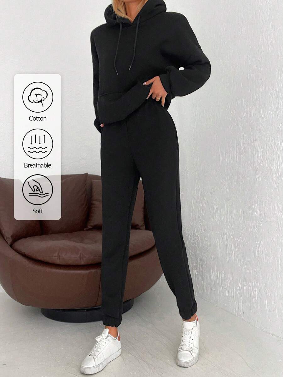 EURMUSE Cotton Solid Drawstring Hoodie & Sweatpants - Black - View 1