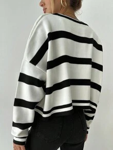 EURMUSE Striped Pattern Drop Shoulder Sweater - Black and White - View 2