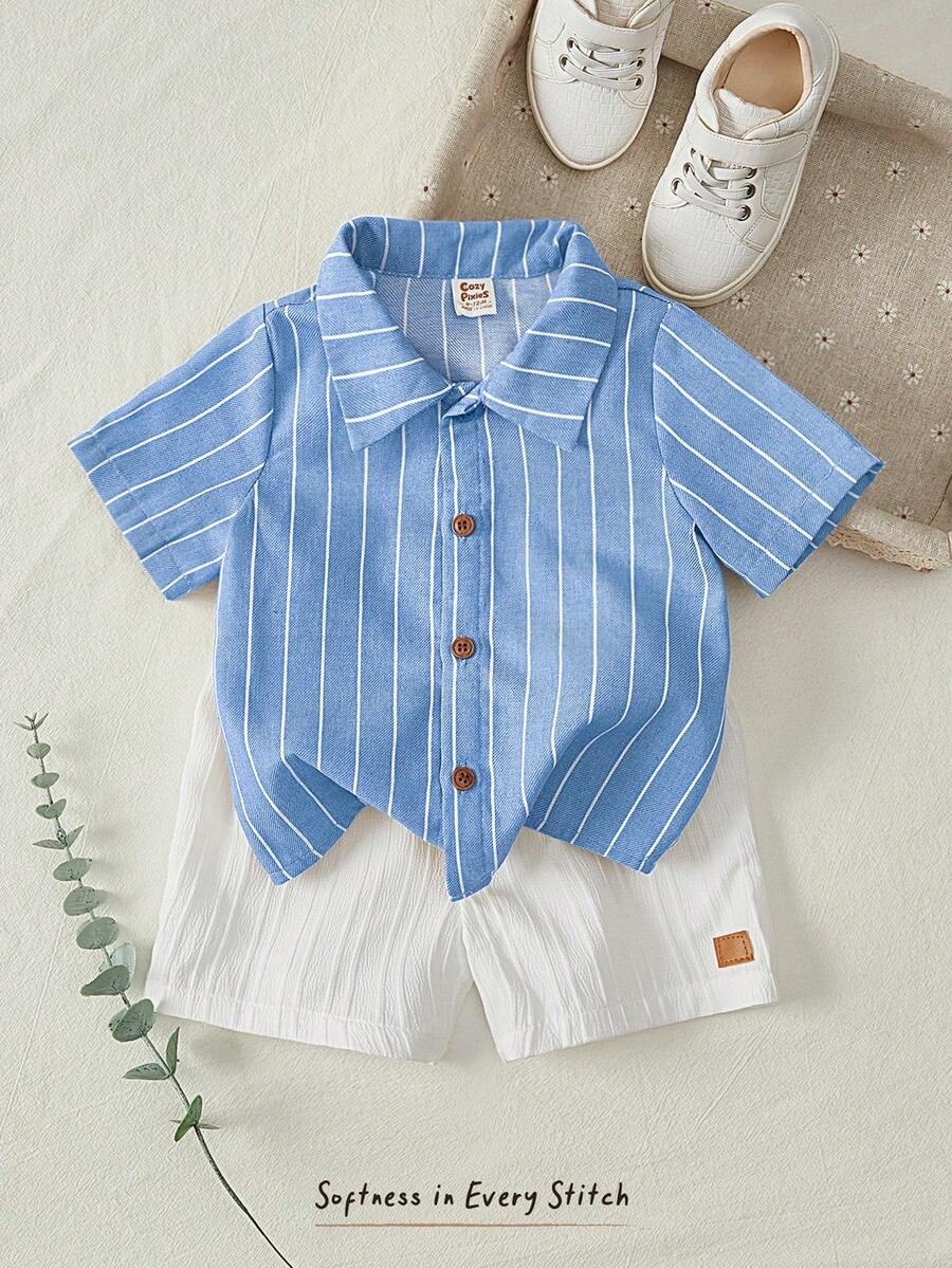 Cozy Pixies Bộ 2 áo cardigan tay ngắn cổ sọc cho bé trai và quần short lưng thun màu trơn - Nhiều màu - Xem 1