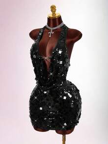 Amplova Plus Size Halter Backless Sexy Two Pieces Set - Black - View 3